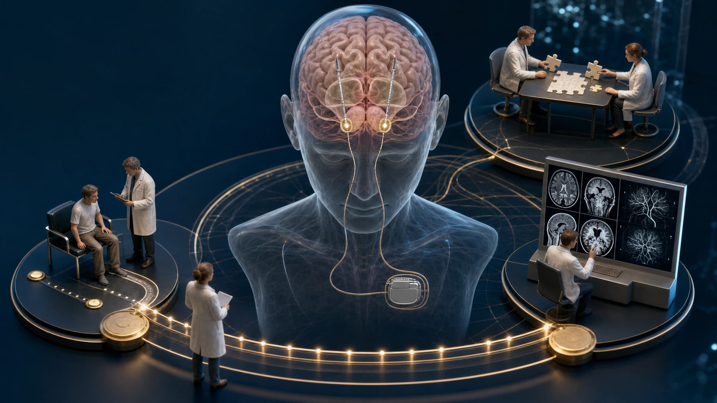 Diorama médico mostrando eletrodos de estimulação cerebral profunda no núcleo subtalâmico e uma equipe avaliando fatores de resultado no Parkinson