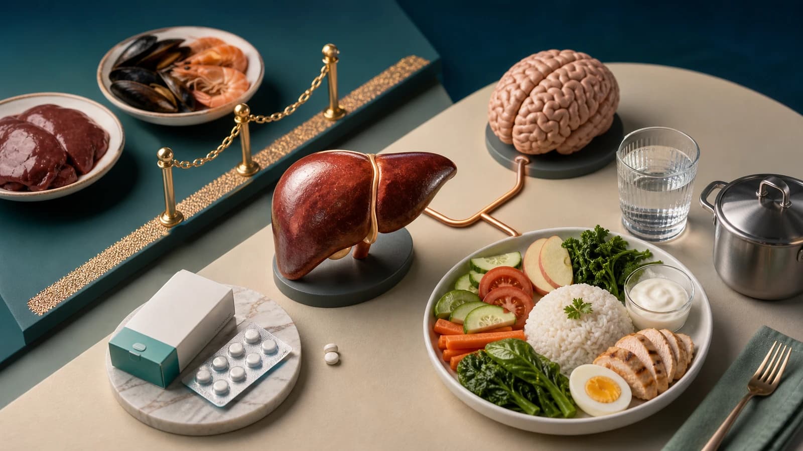 Diorama em miniatura mostrando fígado, cérebro, alimentos e tratamento da doença de Wilson em uma composição equilibrada