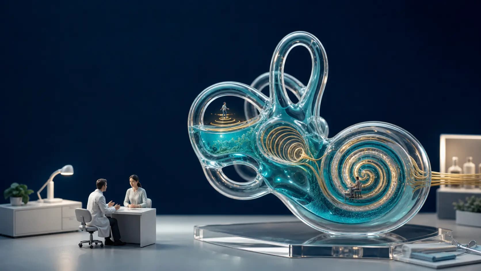 Diorama médico mostrando ouvido interno, ondas de vertigem, zumbido e consulta clínica para doença de Ménière