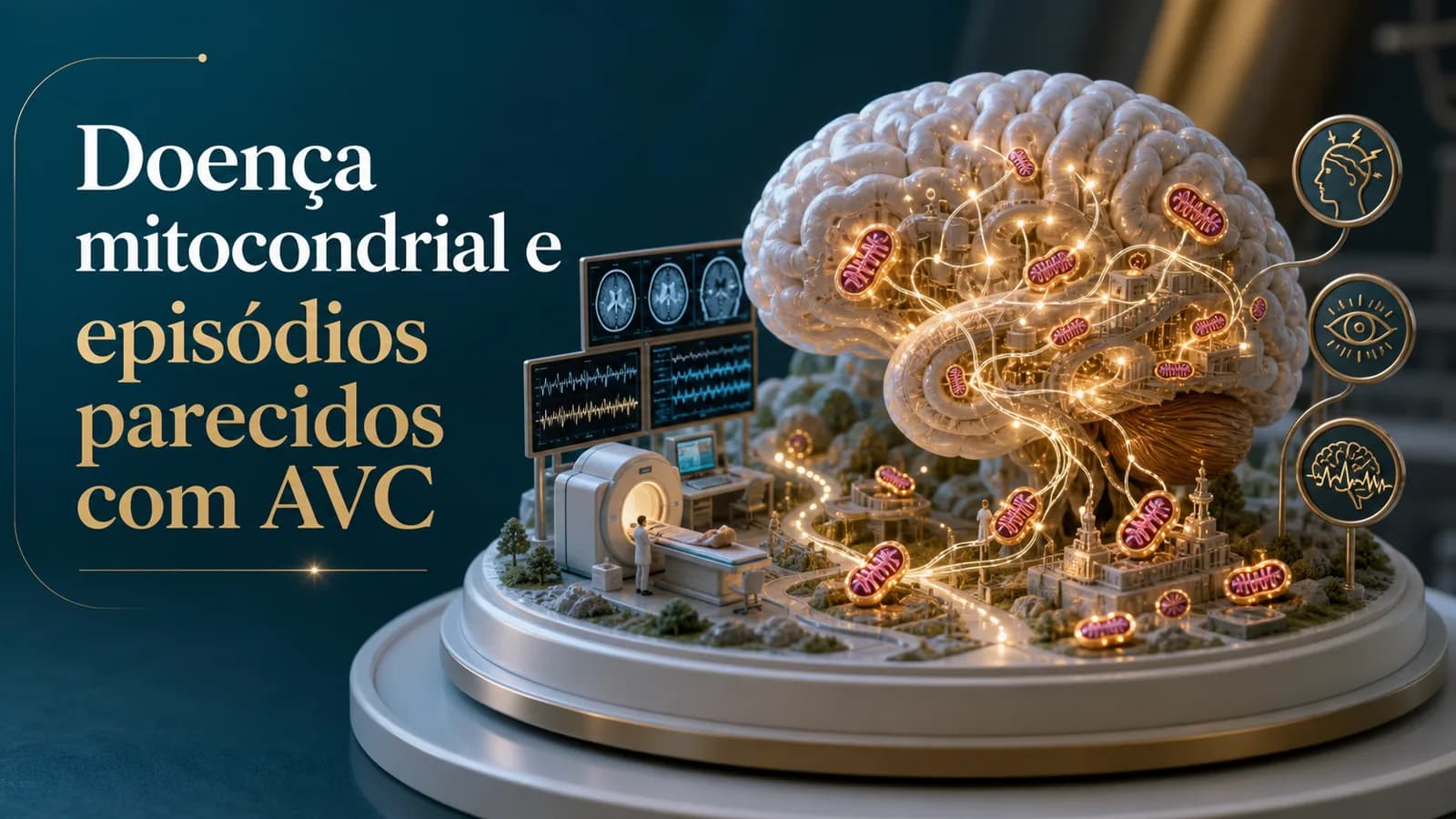 Diorama médico mostrando cérebro, mitocôndrias e sinais neurológicos em doença mitocondrial