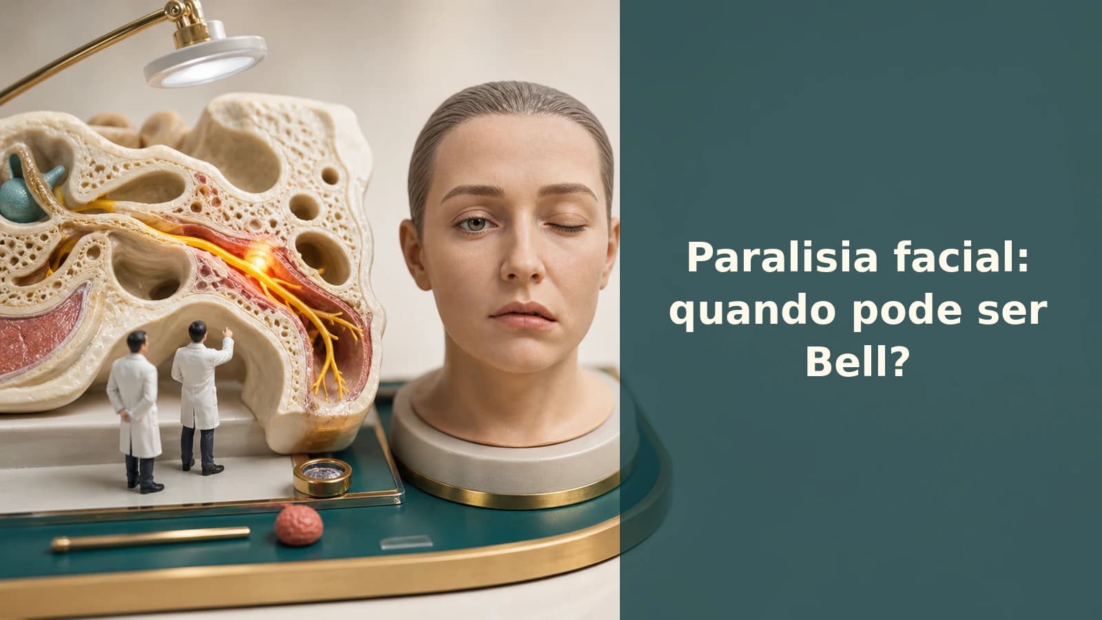 Diorama médico educativo mostrando o nervo facial inflamado e uma face com fraqueza de um lado, em estilo limpo e acolhedor