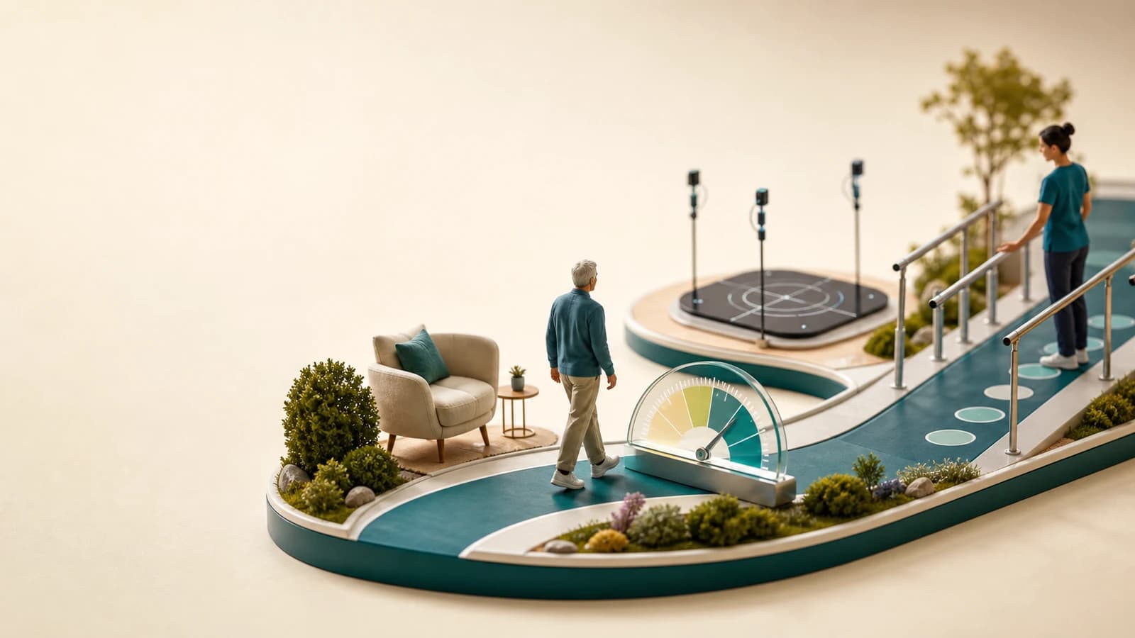 Diorama em quatro cenas mostrando Parkinson, equilíbrio real, confiança, sedentarismo e reabilitação de marcha