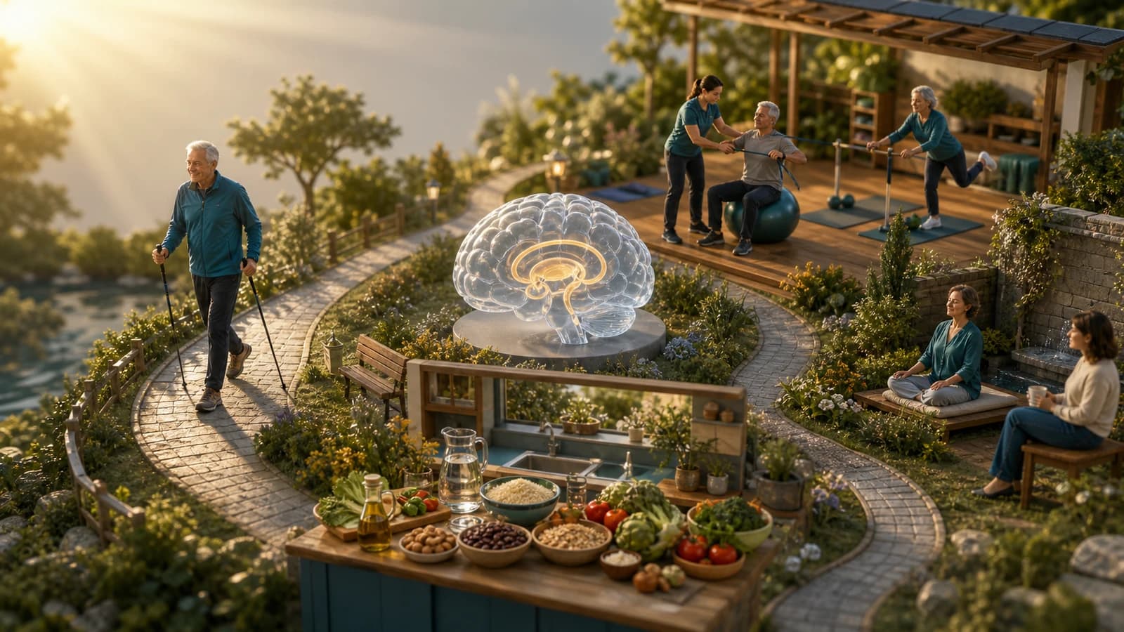 Diorama mostrando uma pessoa com doença de Parkinson caminhando, praticando exercícios, preparando alimentos saudáveis e realizando meditação