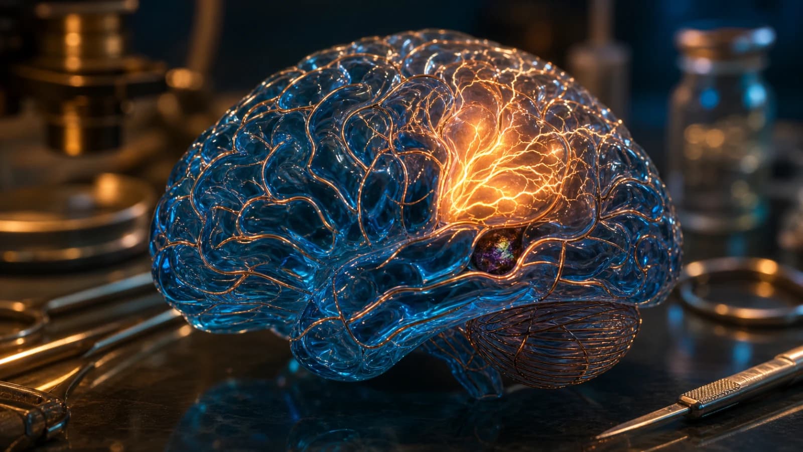 Ilustração de neurônios com descarga elétrica anormal representando uma convulsão cerebral, em fundo azul-petróleo com detalhes dourados