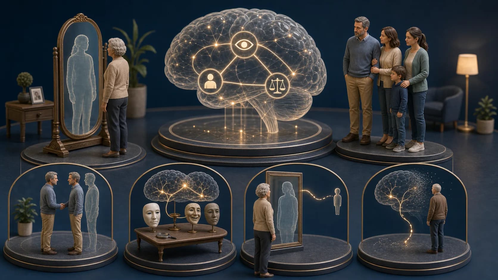 Diorama médico mostrando um cérebro, um espelho, familiares e caminhos de memória para explicar a síndrome de falsa identificação