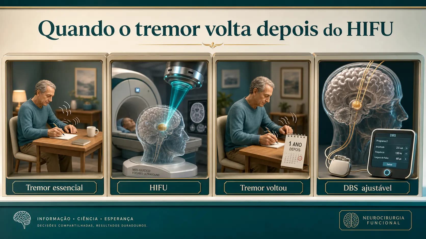 Diorama em quatro cenas mostrando tremor essencial, HIFU, retorno do tremor e DBS ajustável