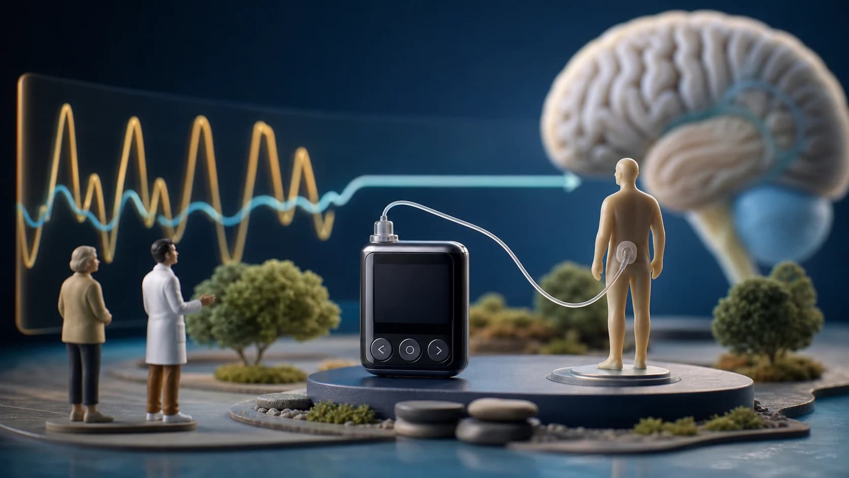 Diorama médico mostrando uma bomba portátil de infusão contínua para tratamento do Parkinson avançado