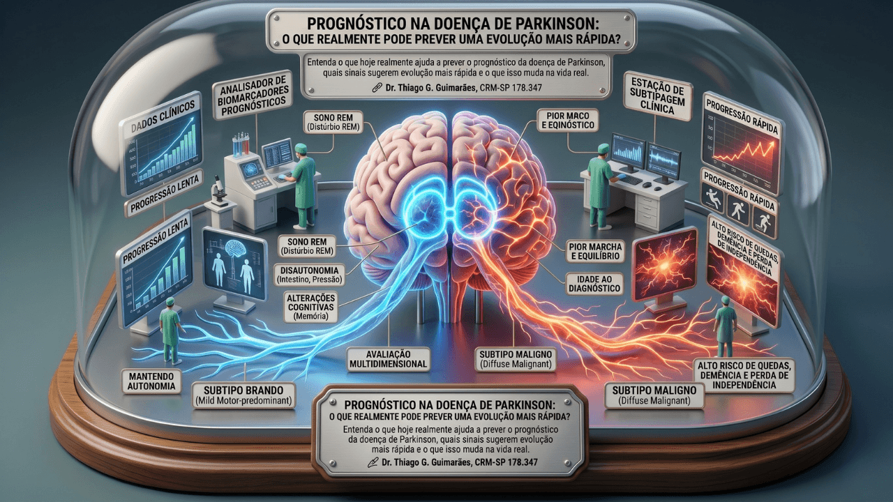 Ilustração médica sobre prognóstico na doença de Parkinson