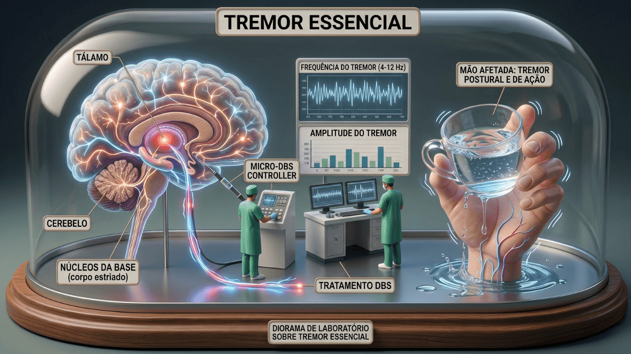 Ilustração médica limpa representando tremor essencial e opções de tratamento
