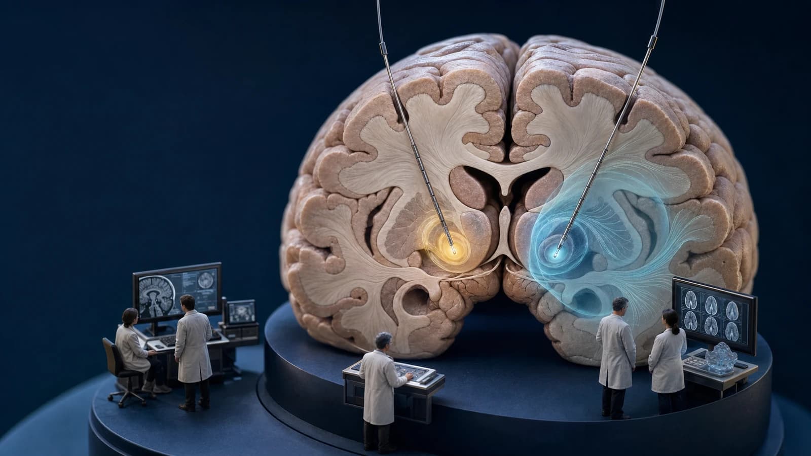 Diorama médico mostrando eletrodos de estimulação cerebral profunda, núcleo subtalâmico e diferentes áreas alcançadas pela corrente elétrica