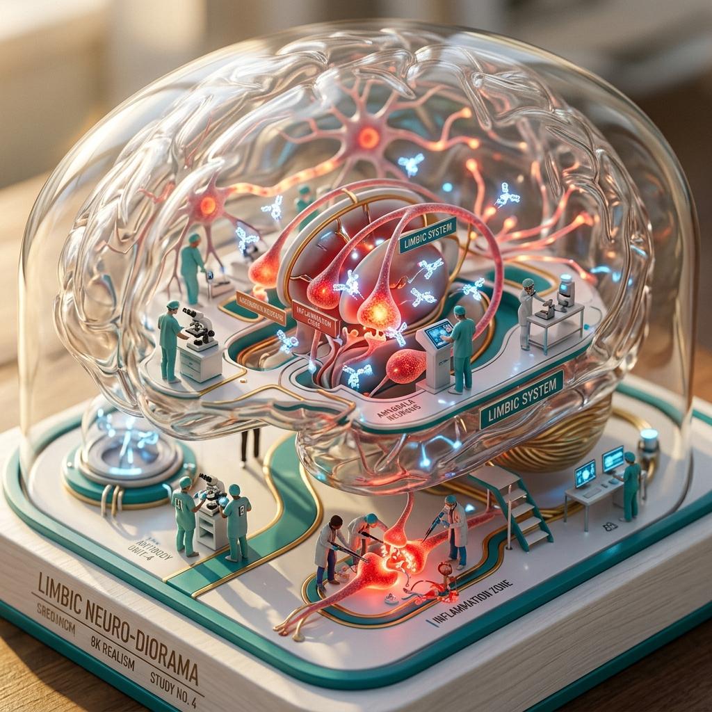 Ilustração médica do cérebro com destaque para inflamação cerebral e investigação diagnóstica da encefalite autoimune