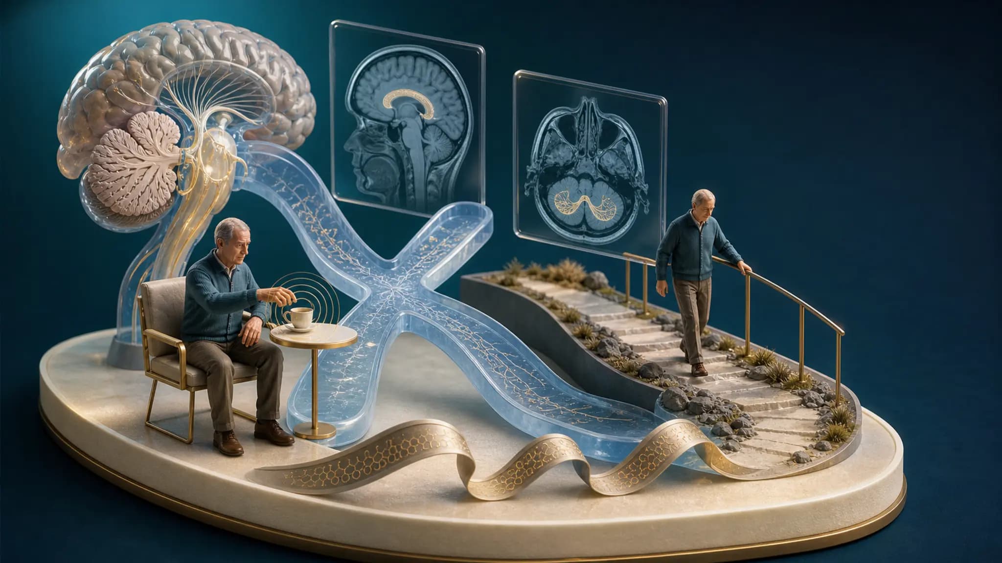 Diorama médico mostrando o cromossomo X, o cerebelo, uma mão com tremor de ação e uma pessoa idosa caminhando com instabilidade