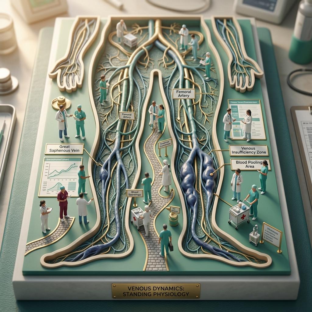 Pessoa levantando lentamente da cama enquanto mede a pressão arterial, em ilustração médica limpa sobre hipotensão ortostática