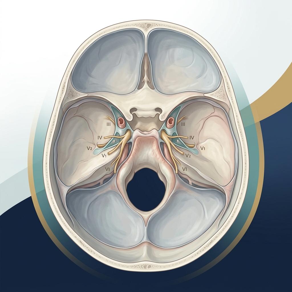 Ilustração médica das meninges com áreas de inflamação dural e destaque para nervos cranianos
