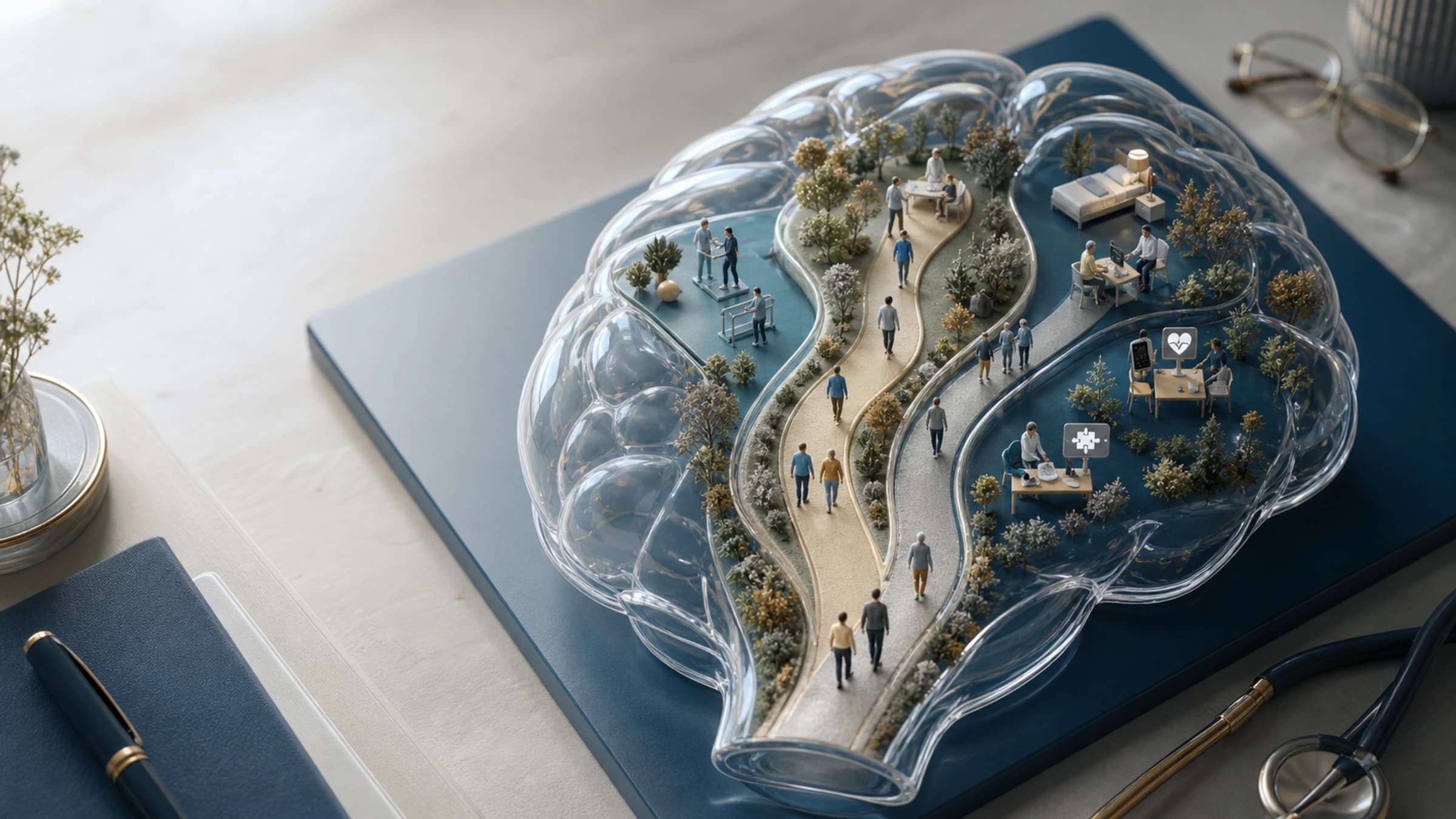 Diorama mostrando três trajetórias possíveis de acompanhamento da doença de Parkinson