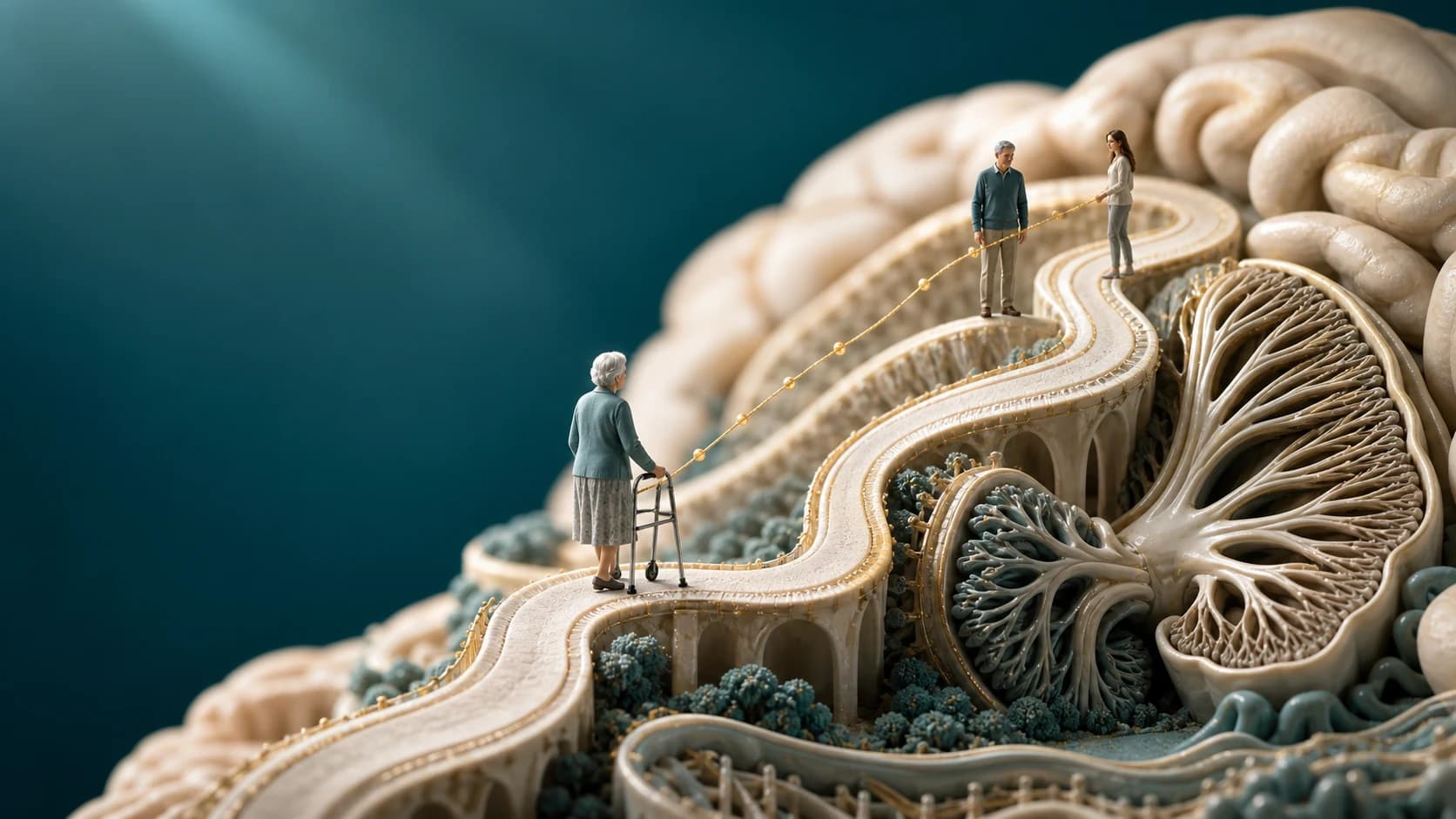Diorama médico representando cerebelo, envelhecimento e três gerações de uma família relacionadas à SCA6