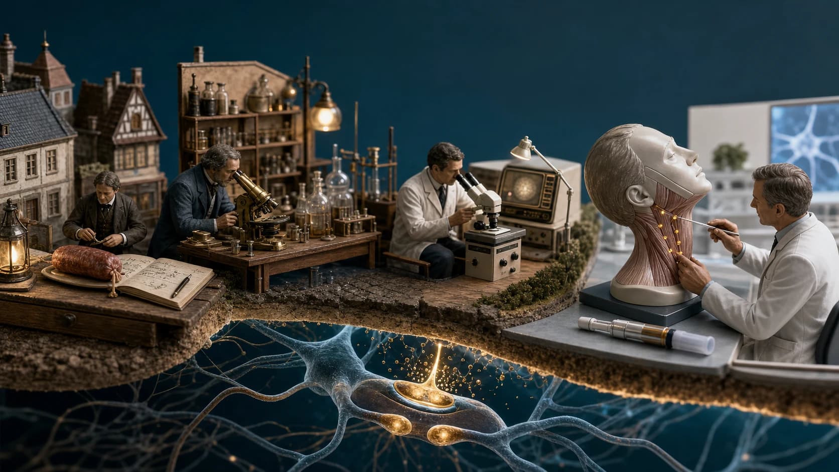Diorama médico mostrando a transformação histórica da toxina botulínica, do botulismo alimentar ao uso terapêutico moderno