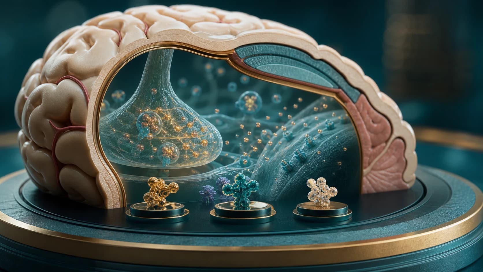 Diorama médico representando o estriado cerebral e vesículas de dopamina reguladas pelo transportador VMAT2