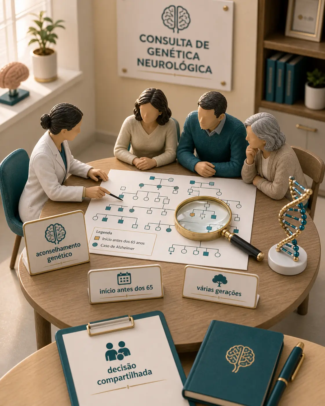 Diorama de consulta neurológica com árvore familiar e aconselhamento genético no Alzheimer