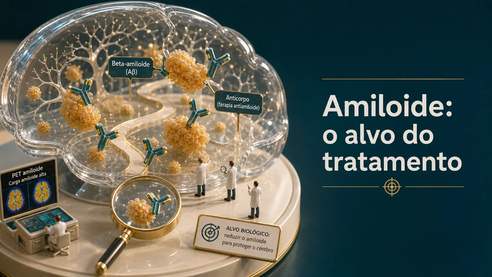 Diorama médico mostrando amiloide como alvo do tratamento anti-amiloide no Alzheimer inicial