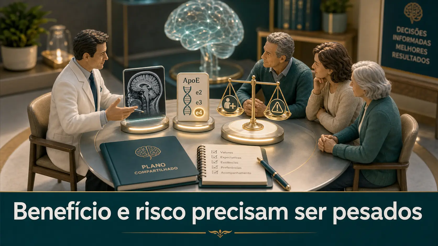 Diorama de decisão compartilhada com ressonância, ApoE e balança de benefício e risco no Alzheimer inicial
