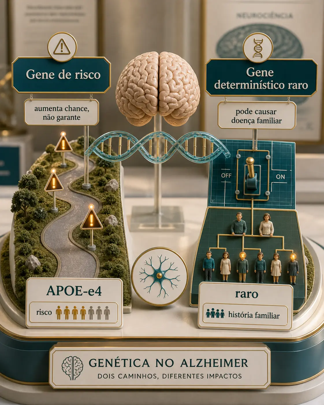 Diorama comparando genes de risco e genes determinísticos raros no Alzheimer