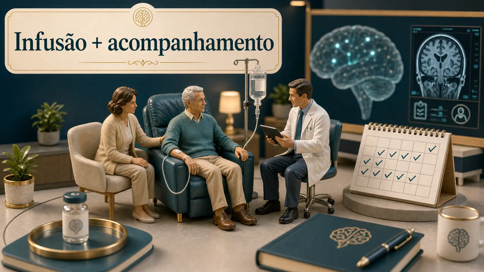 Diorama de centro de infusão mostrando tratamento anti-amiloide com acompanhamento médico e familiar