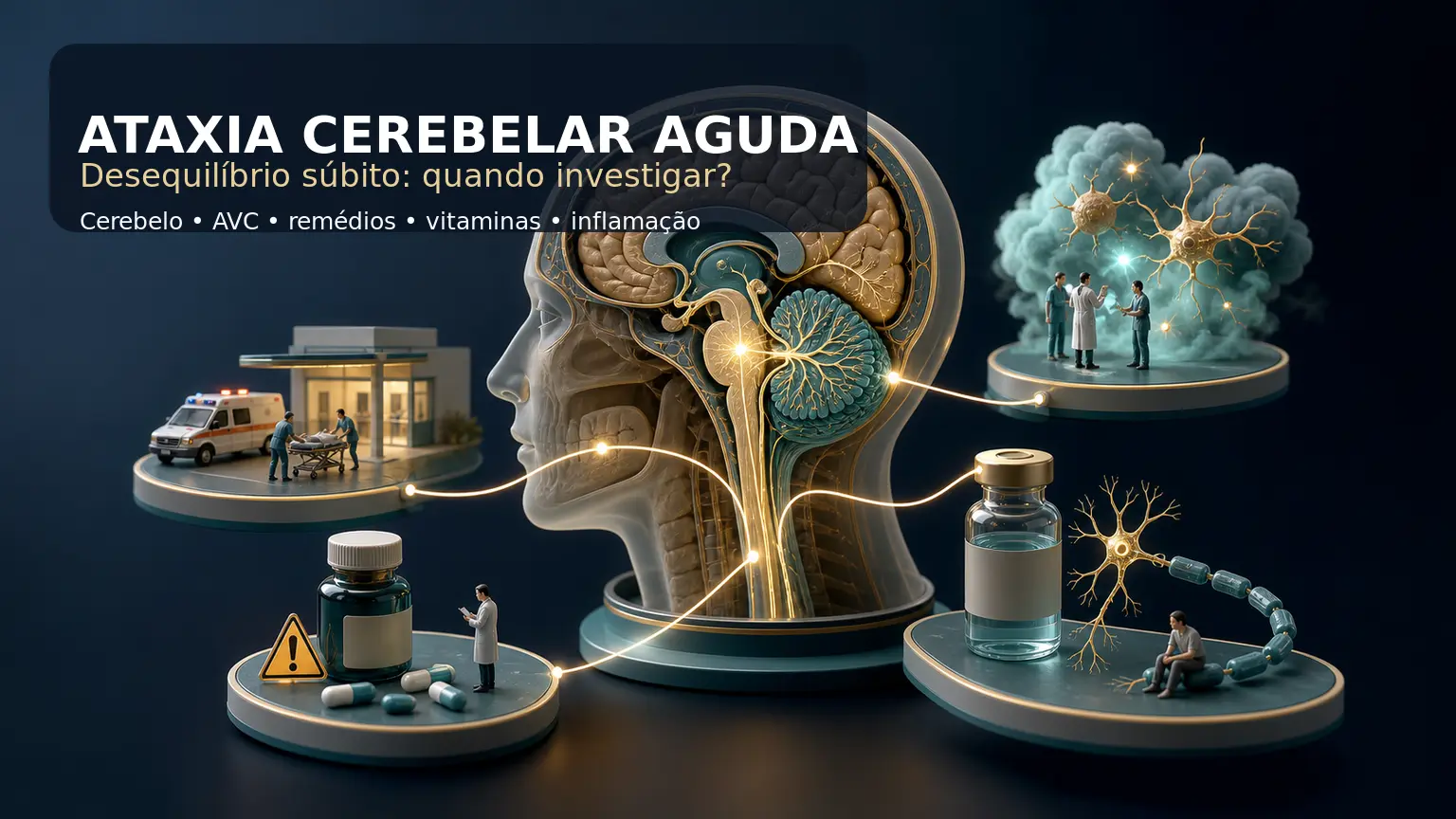Diorama médico mostrando cerebelo em destaque e causas de ataxia cerebelar aguda