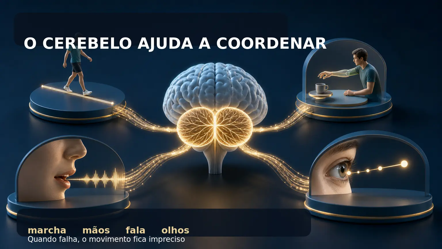 Diorama médico mostrando o cerebelo como centro de coordenação da marcha, mãos, fala e olhos