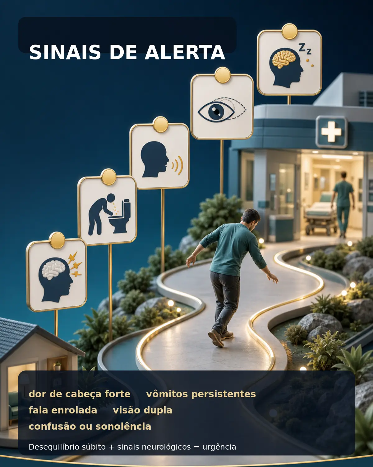 Infográfico médico com sinais de alerta em desequilíbrio súbito e ataxia aguda