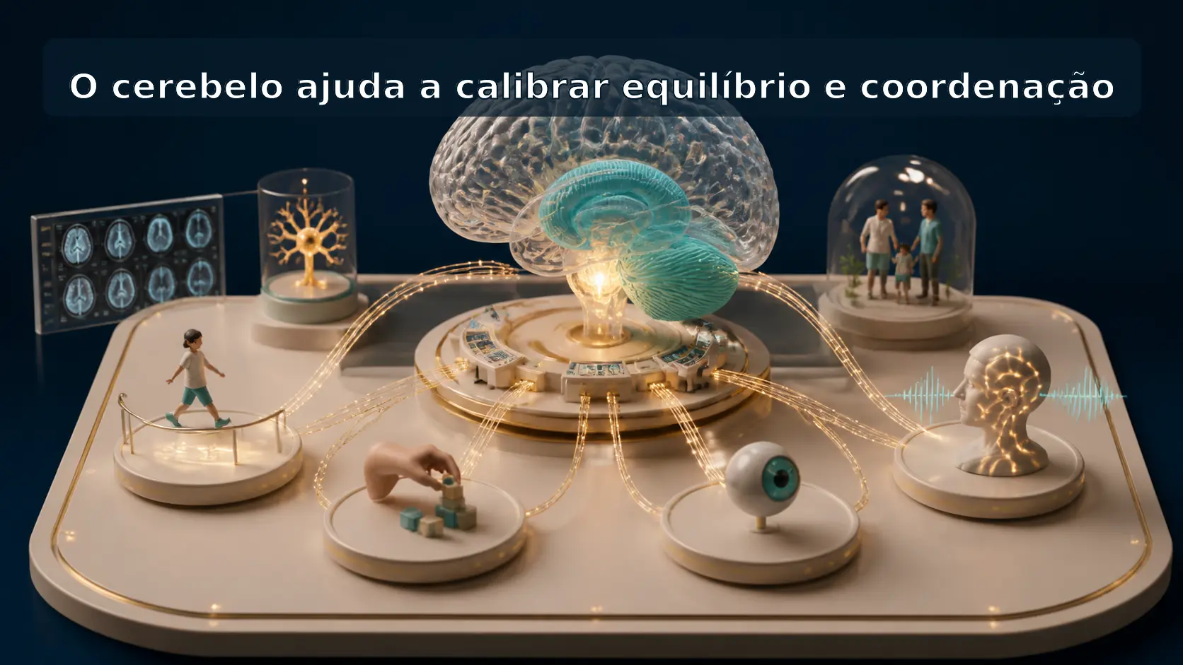 Diorama médico mostrando o cerebelo como centro de calibração do equilíbrio, coordenação, olhar e fala