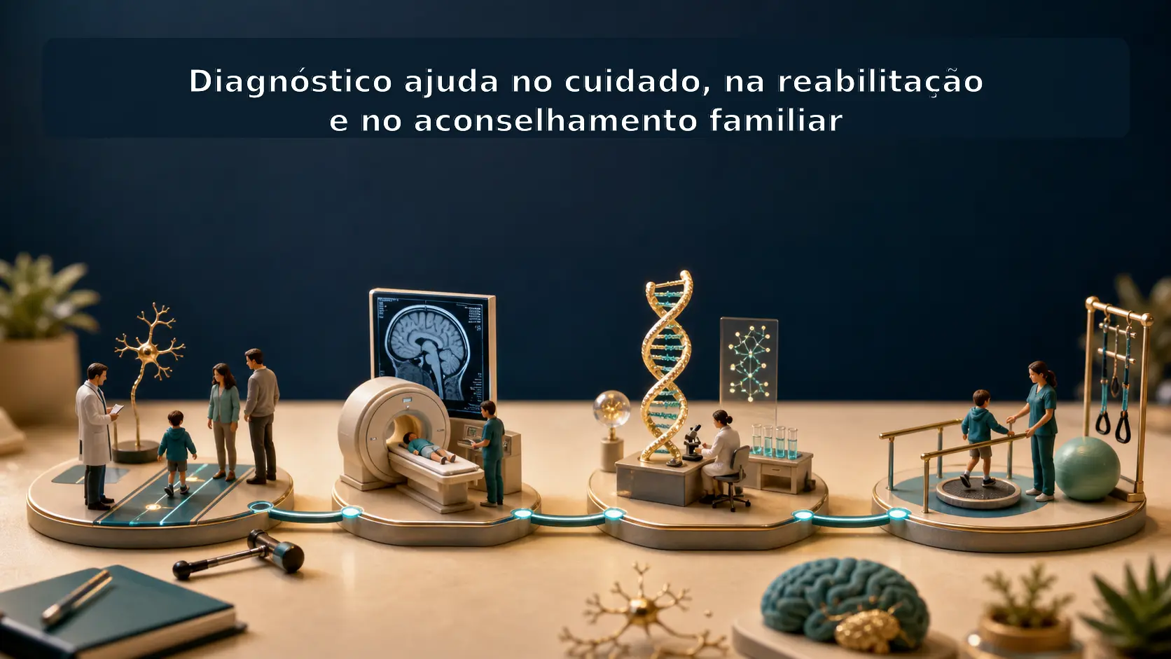 Diorama médico mostrando o fluxo entre avaliação neurológica, ressonância, genética e reabilitação