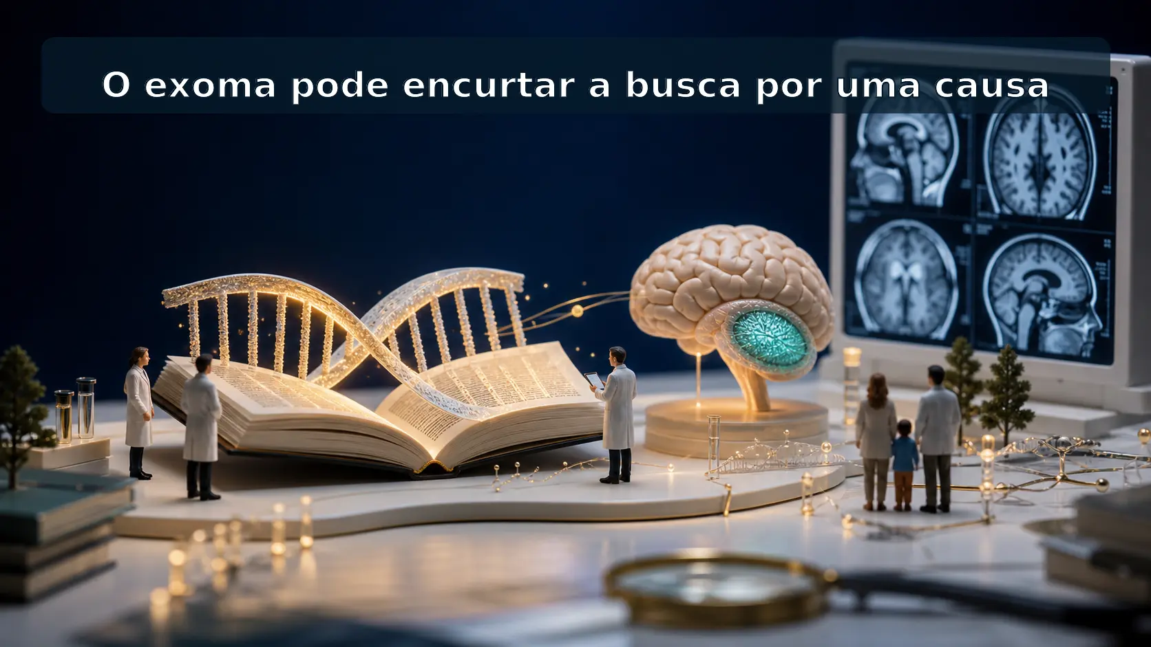 Diorama médico mostrando o exoma como ponte entre genes, cerebelo e ressonância na investigação da ataxia congênita
