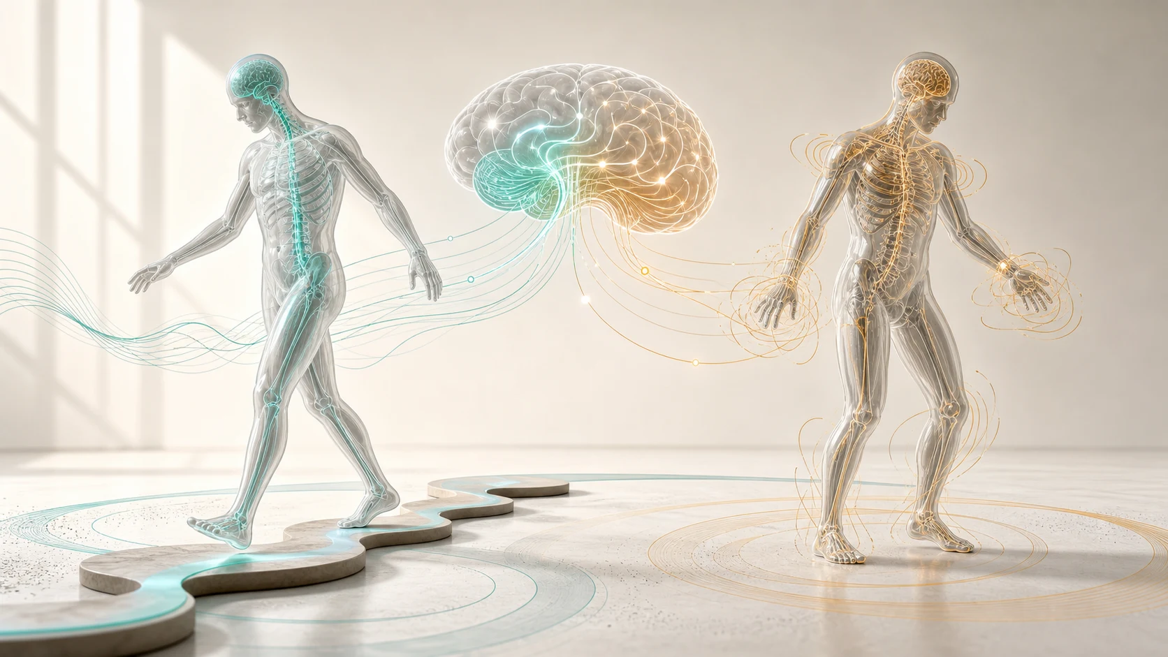 Ilustração médica comparando dificuldade de coordenação e movimentos involuntários irregulares em ataxia cerebelar e coreia