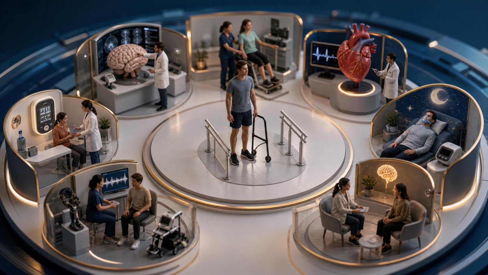 Diorama médico mostrando uma pessoa com ataxia de Friedreich no centro de uma rede de cuidados com neurologia, reabilitação, coração, sono, diabetes e tecnologia assistiva