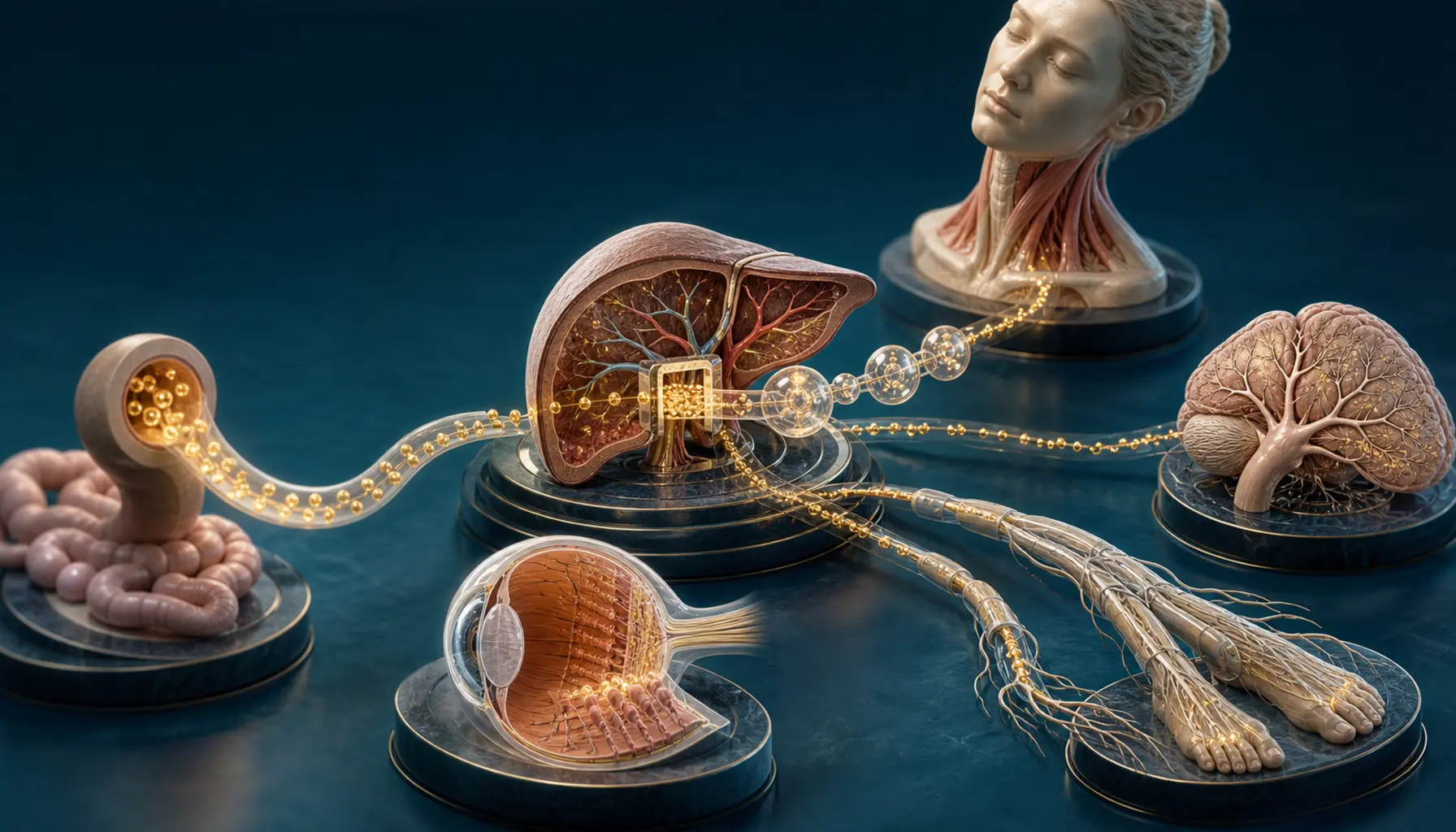 Diorama médico mostrando a vitamina E sendo transportada do fígado para o cerebelo, os nervos, o pescoço e a retina