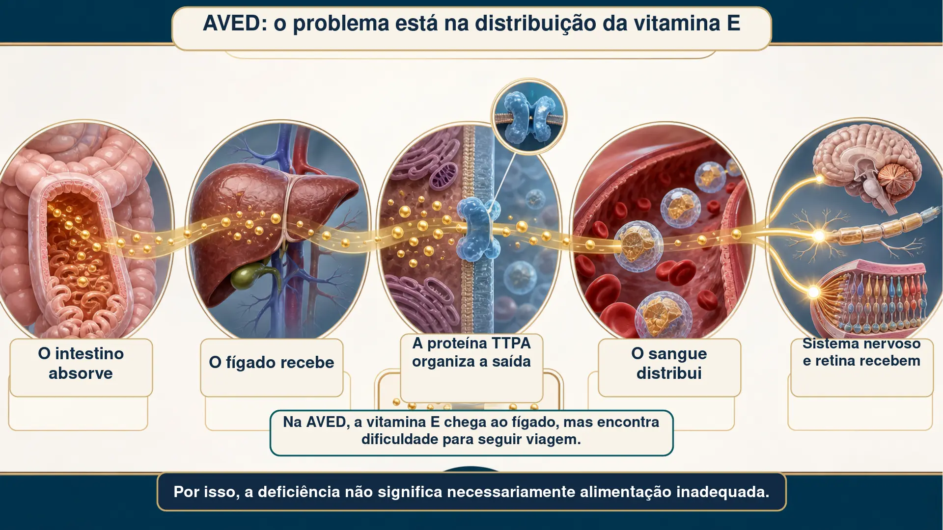 Infográfico mostrando o caminho da vitamina E e o papel da proteína TTPA no fígado