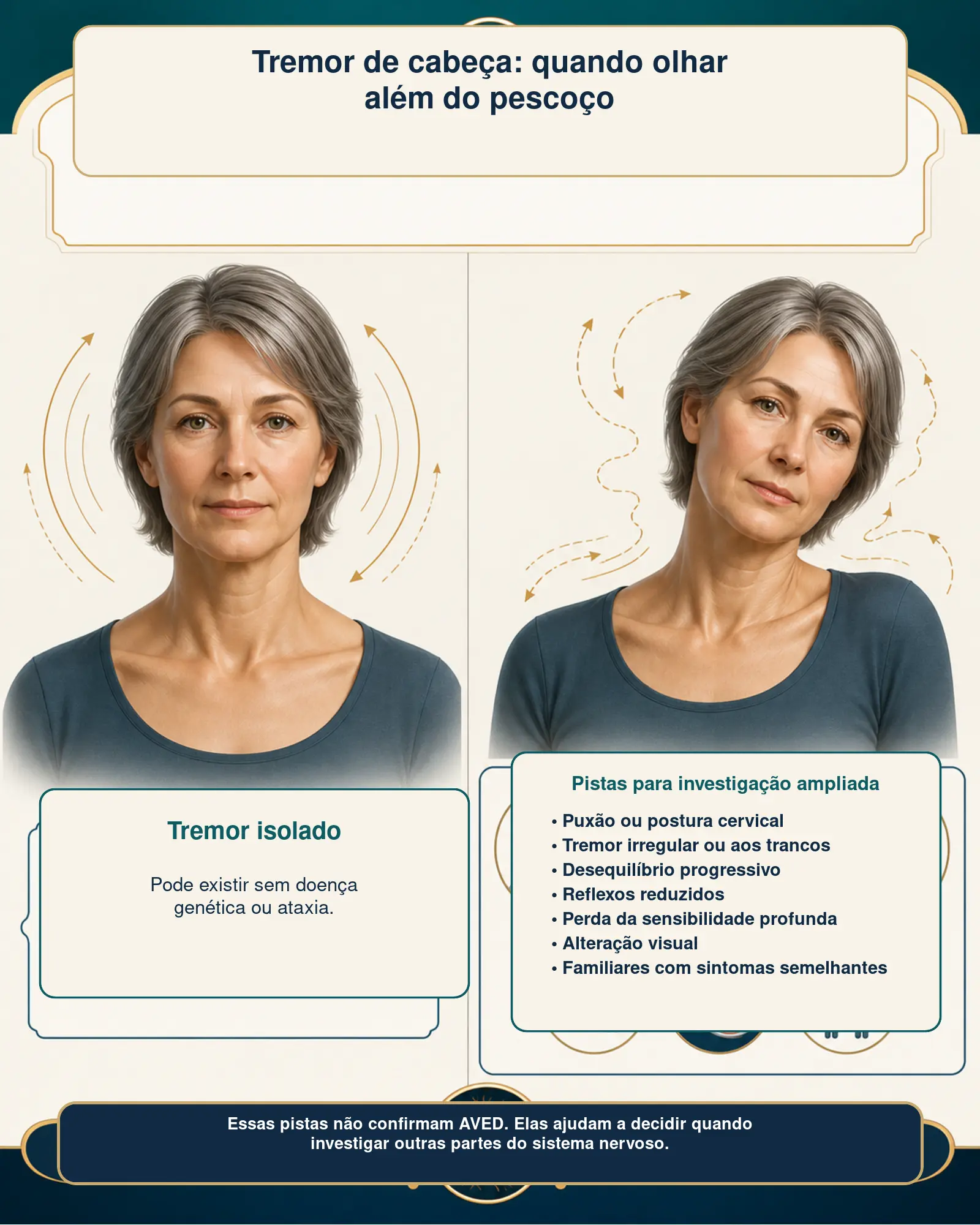 Infográfico comparando tremor isolado da cabeça e sinais que justificam investigação neurológica mais ampla