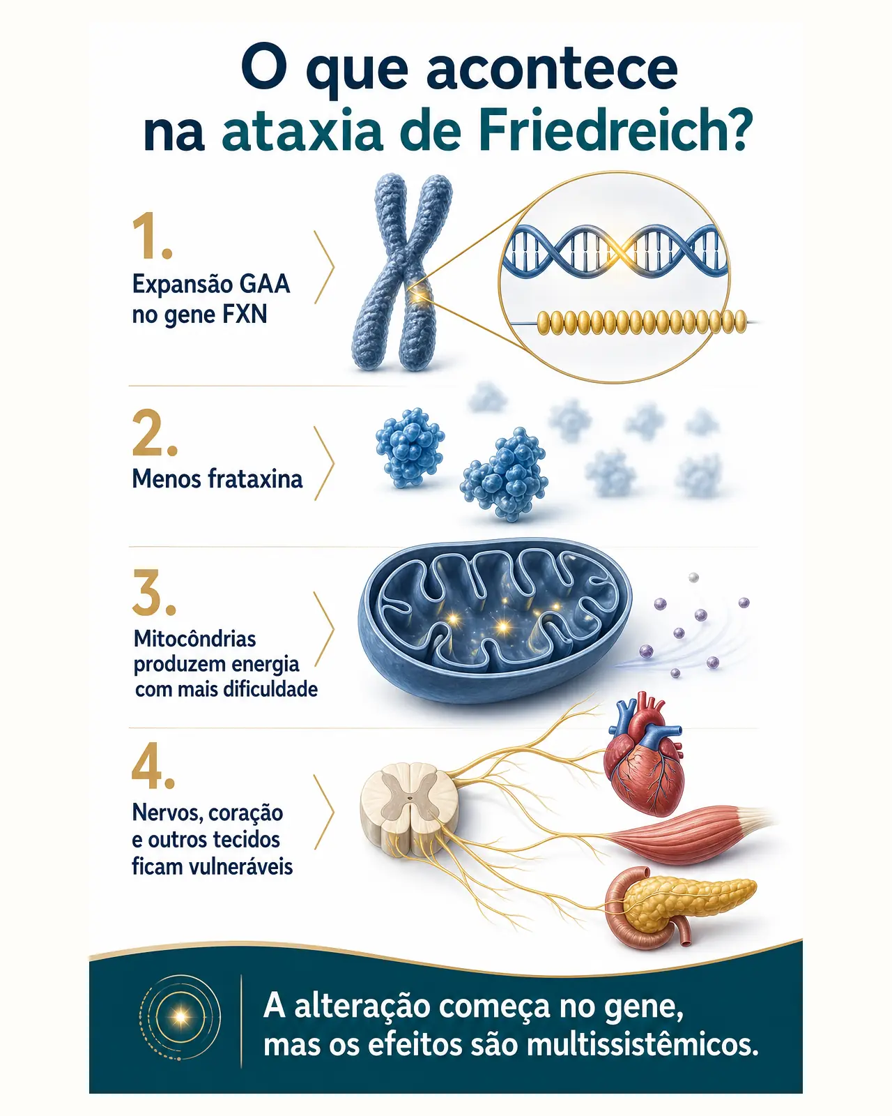 Infográfico explicando a expansão GAA, a redução da frataxina e a disfunção mitocondrial na ataxia de Friedreich