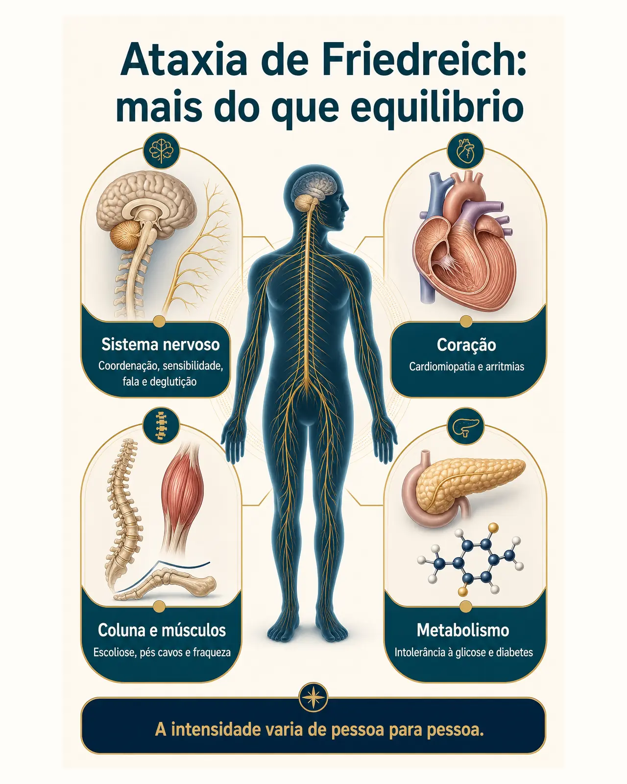 Infográfico mostrando o envolvimento do sistema nervoso, coração, coluna, músculos e metabolismo na ataxia de Friedreich