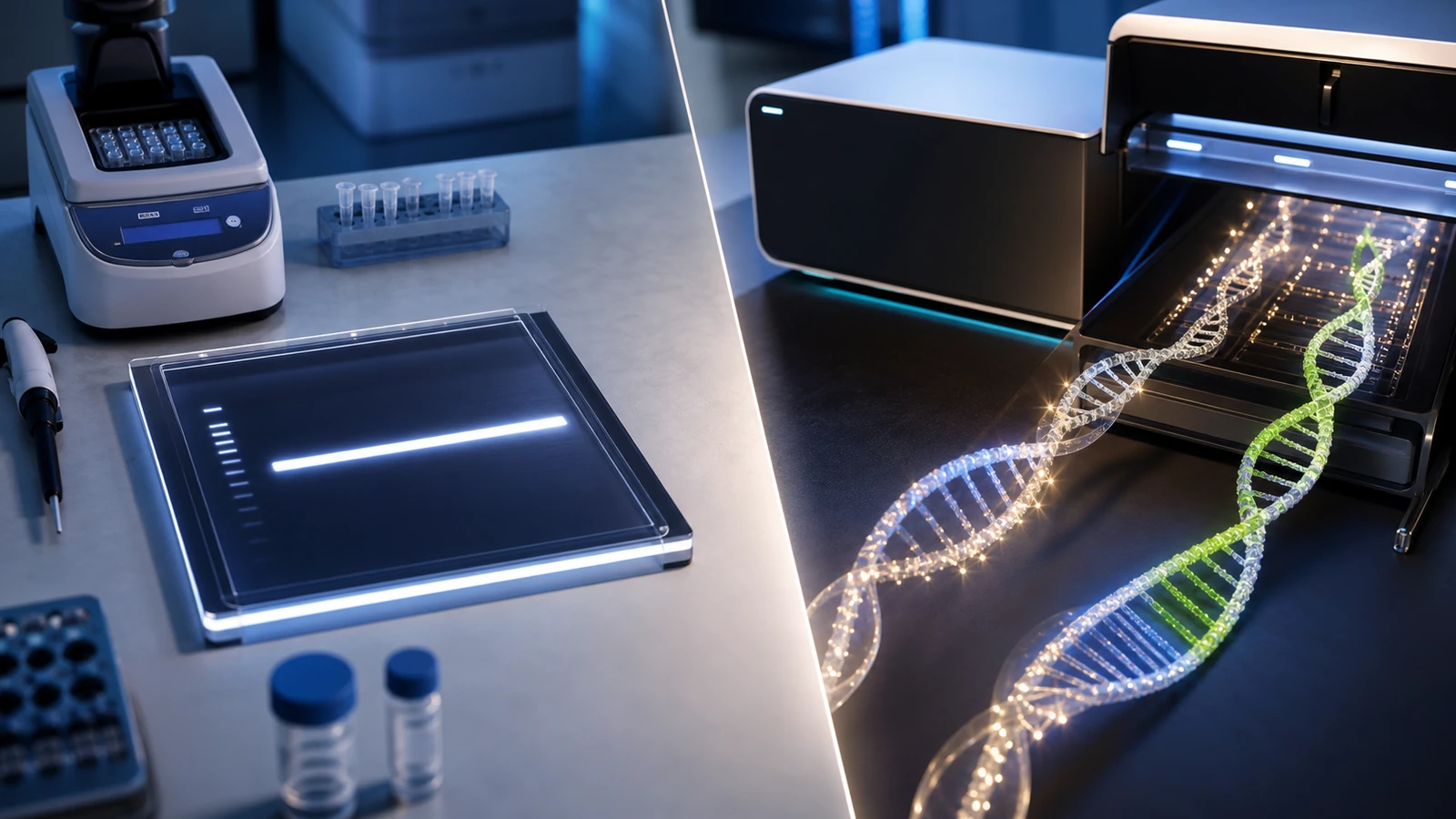Diorama de laboratório mostrando dois caminhos diagnósticos: PCR padrão com uma faixa incompleta e sequenciamento de leitura longa revelando detalhes do DNA