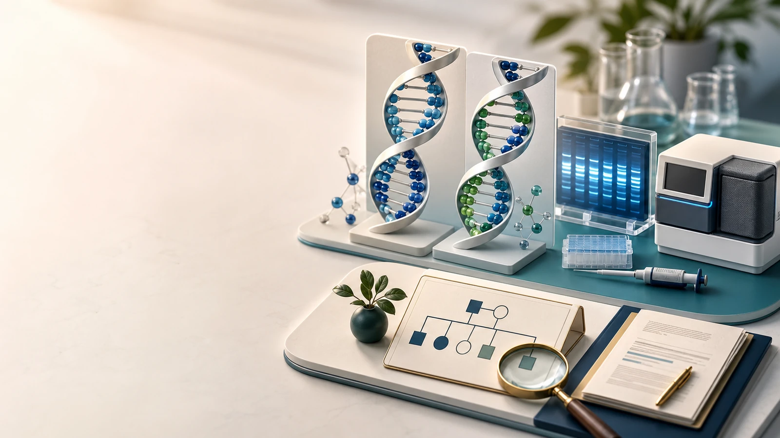 Diorama médico em quatro painéis sobre ataxia de Friedreich, gene FXN, repetições GAA-GGA, teste genético e aconselhamento familiar