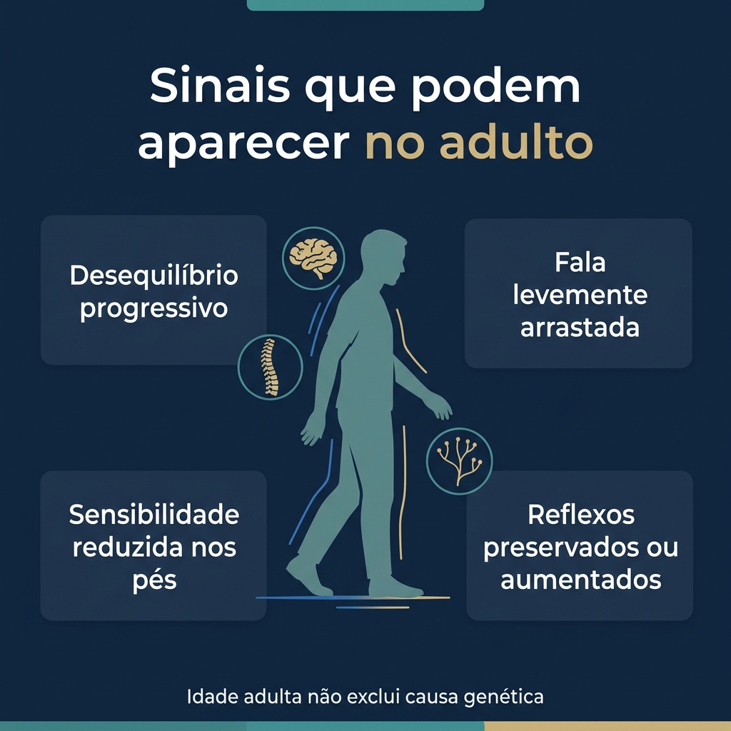 Infográfico com texto sobre sinais da ataxia de Friedreich tardia
