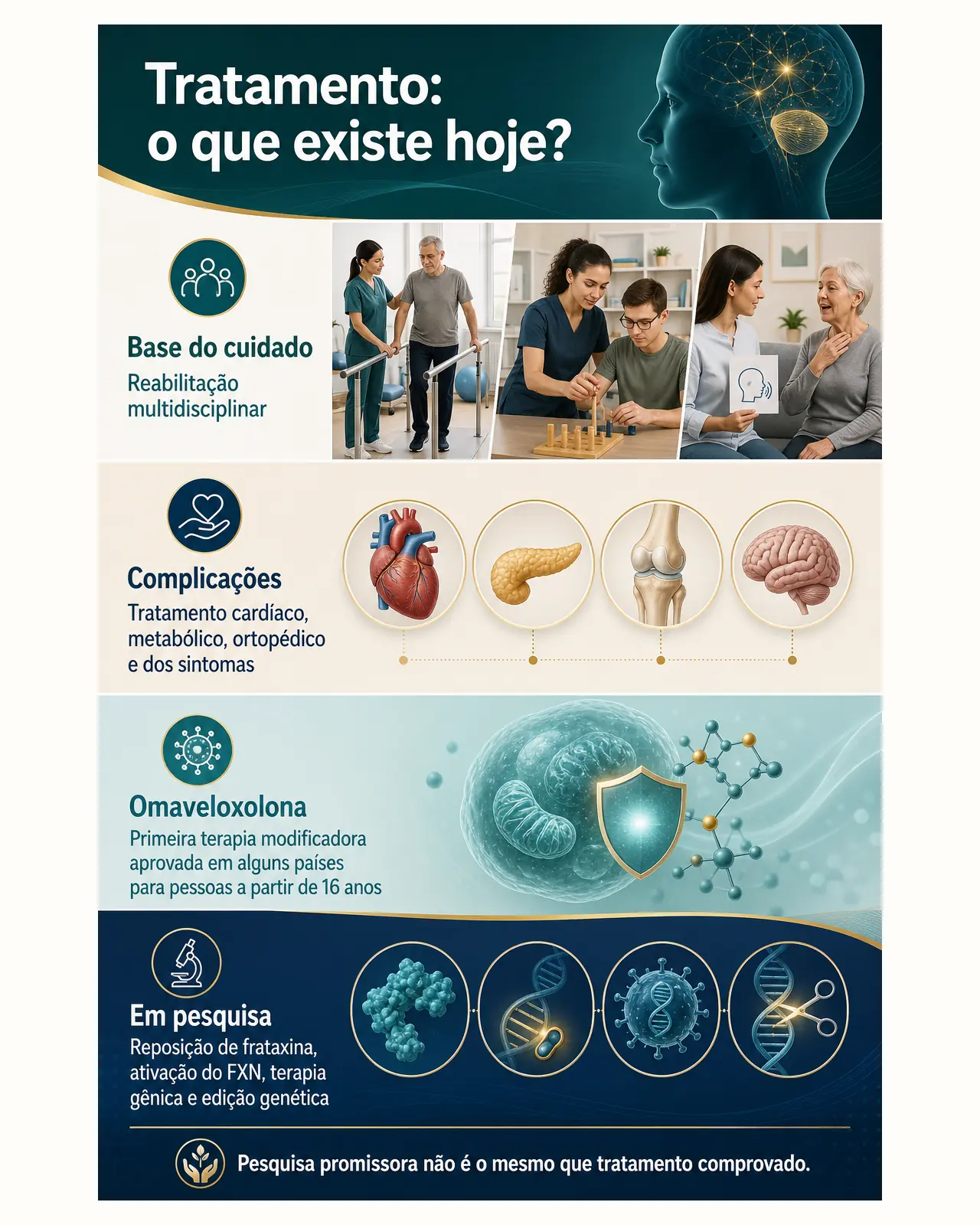 Infográfico comparando reabilitação, tratamento das complicações, omaveloxolona e terapias ainda em pesquisa para ataxia de Friedreich
