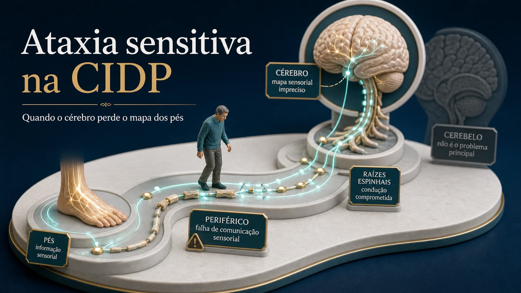 Diorama médico sobre ataxia sensitiva na CIDP, com nervos periféricos representados como fios de comunicação entre pés, medula e cérebro