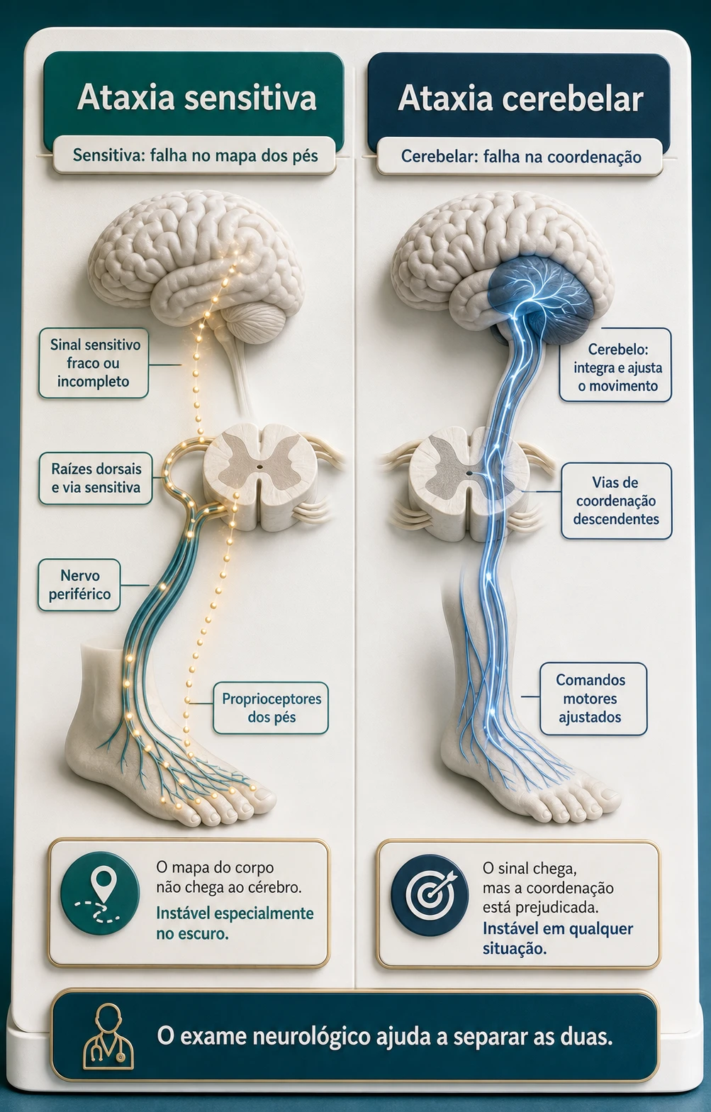 Infográfico em diorama comparando ataxia sensitiva, causada por falha no mapa dos pés, e ataxia cerebelar, causada por falha na coordenação