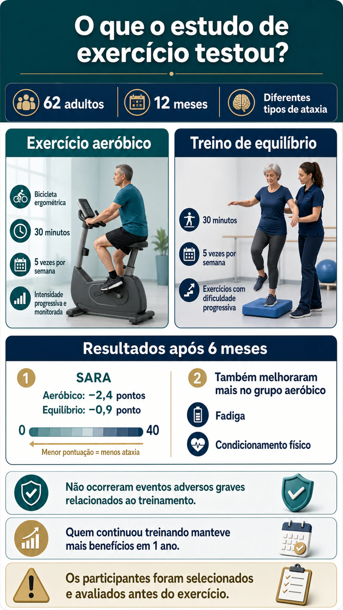 Infográfico resumindo participantes, protocolo, resultados e limitações do estudo de exercício para ataxia