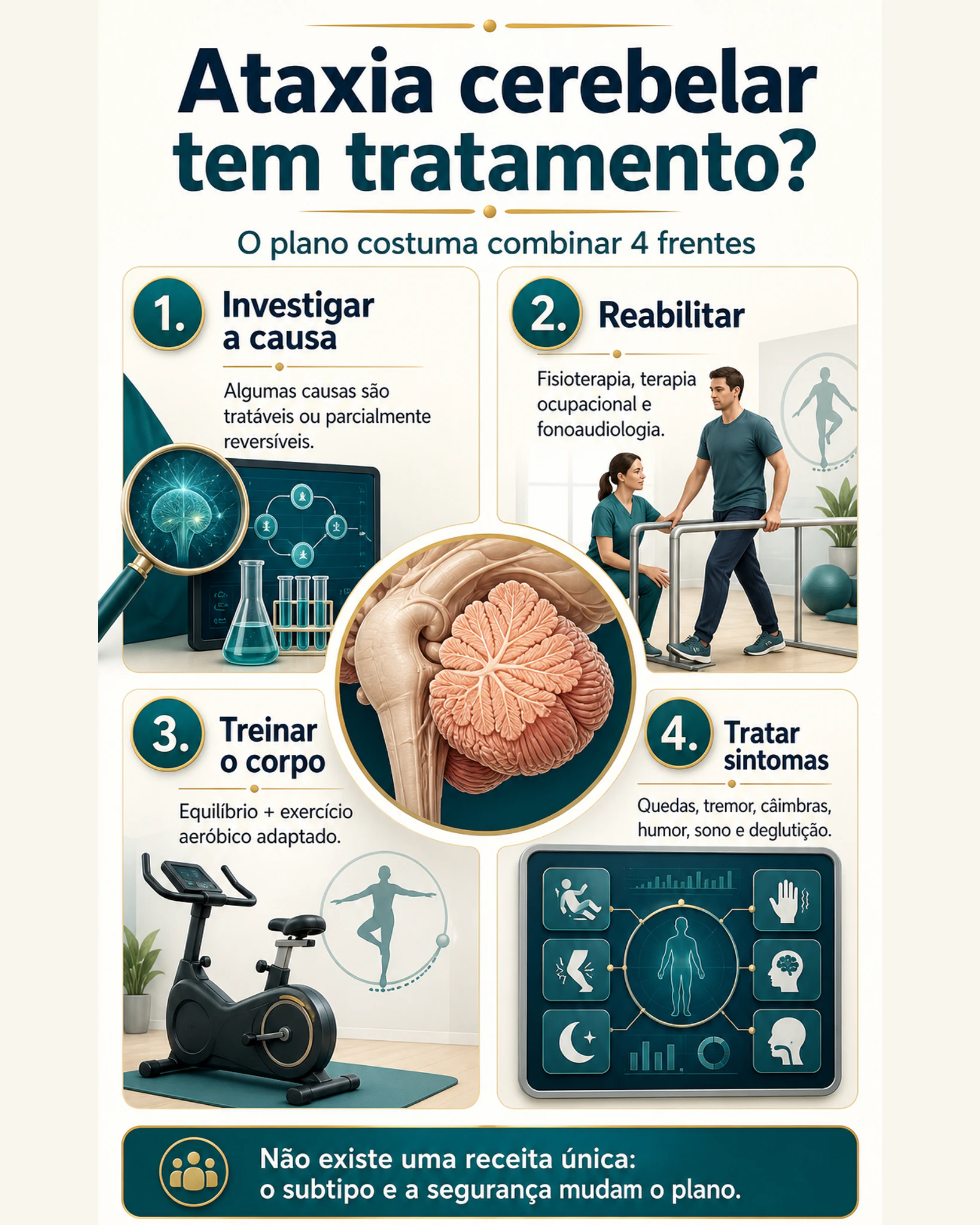 Quatro pilares do tratamento da ataxia cerebelar: investigar a causa, reabilitar, treinar o corpo e tratar sintomas