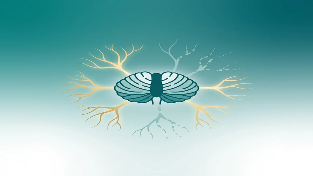 Ilustração editorial de cerebelo com conexões neurais em estilo flat design médico, tons de azul-petróleo e dourado