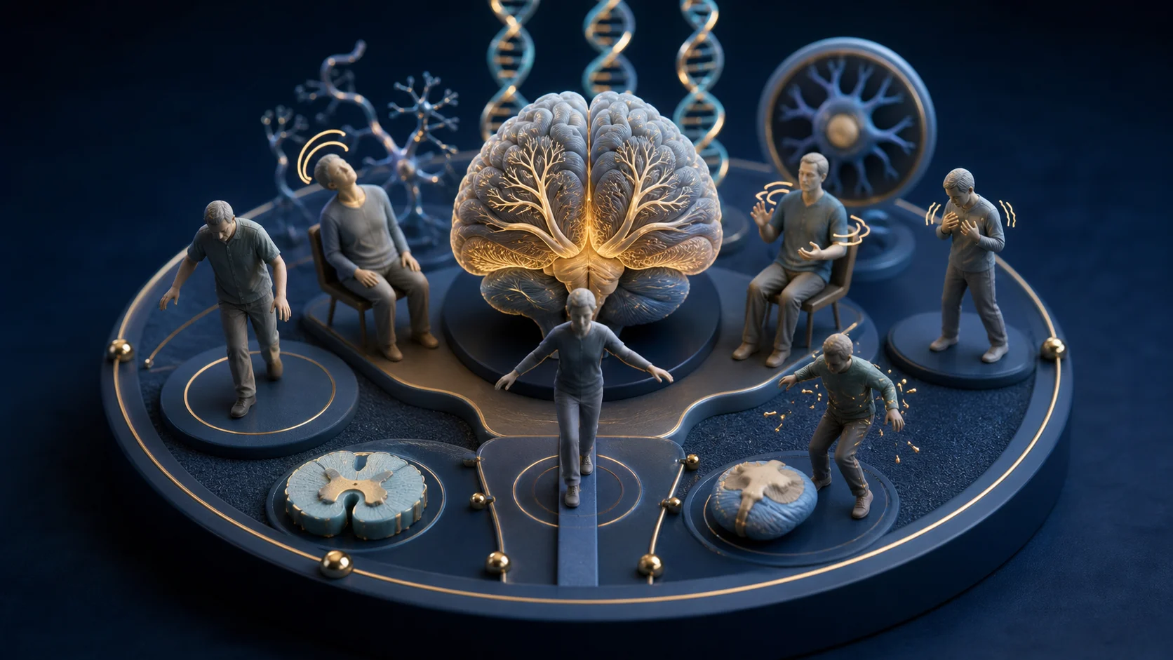 Capa em diorama médico mostrando cerebelo, genes e movimentos involuntários em ataxias recessivas